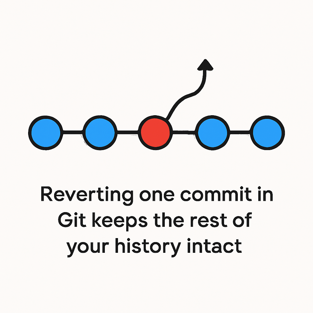 Git revert illustration showing one commit undone while keeping later commits