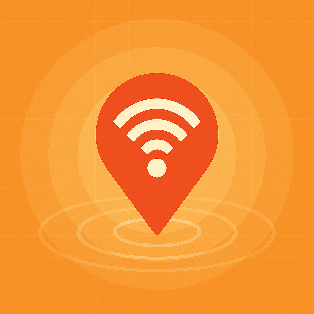 WiFi geolocation pin with concentric signal waves, symbolizing BSSID based positioning